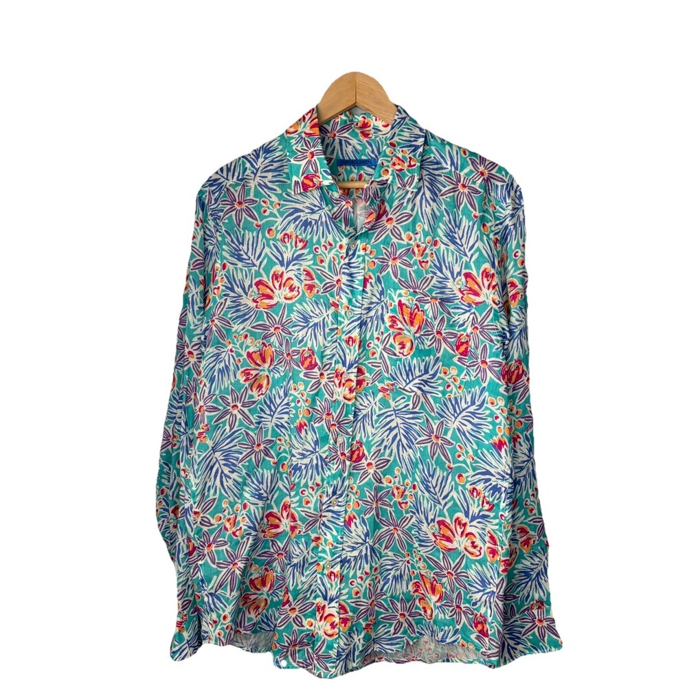 J McLaughlin Oversized 100% Linen Blouse Women’s Floral Turquoise Shirt Size S
